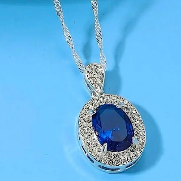 Sterling Silver Blue Sapphire Pendant Charm Necklace - Picture 1 of 4
